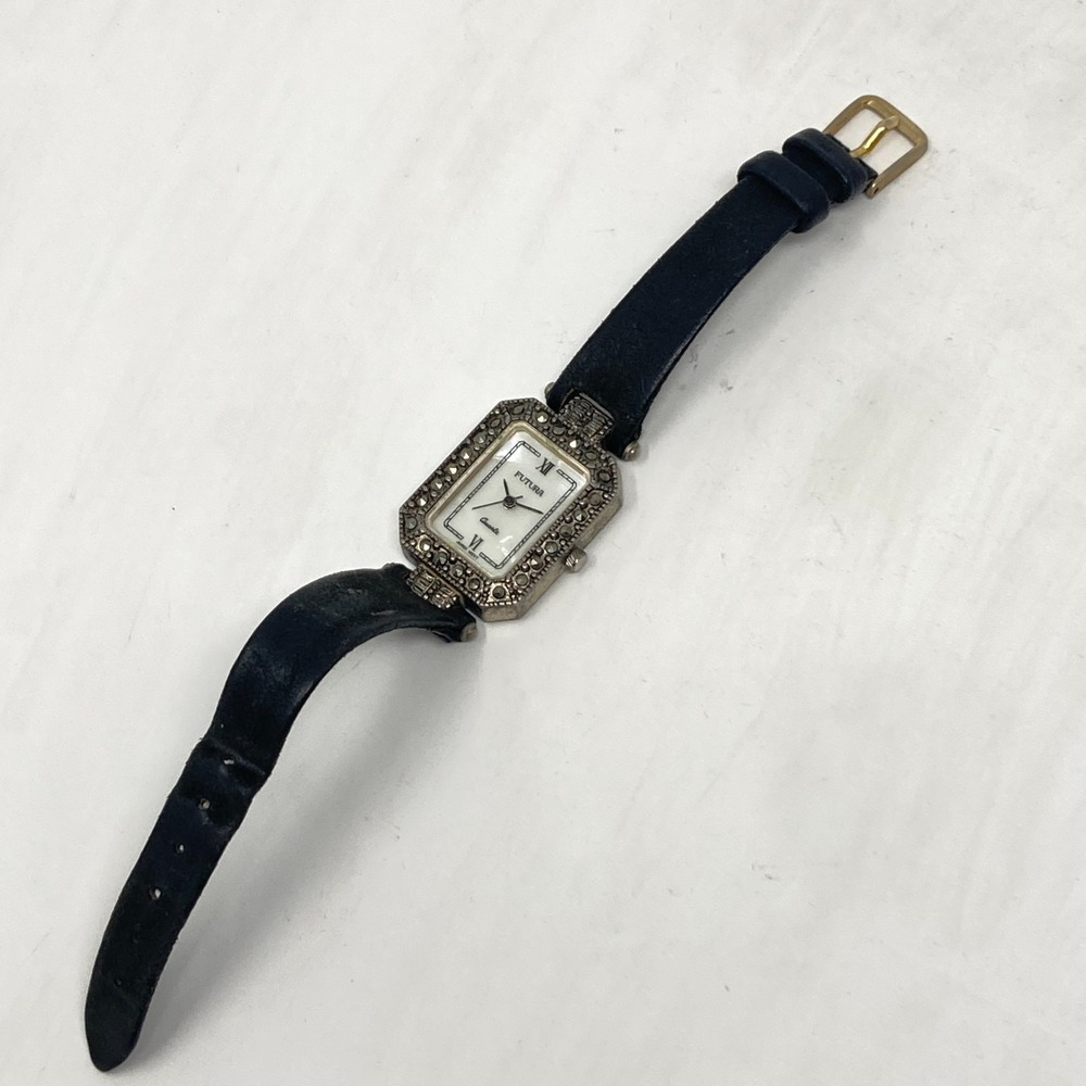 Vintage Futura Marcasite Tank Watch Women 22mm Silver Tone MOP New Battery 7.5" - Picture 15 of 16